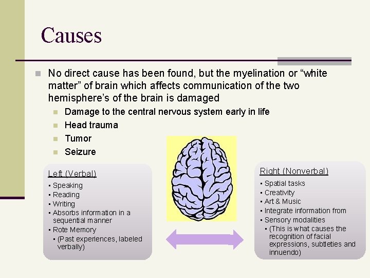 Causes n No direct cause has been found, but the myelination or “white matter”