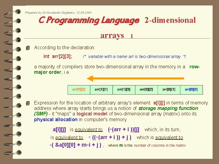 Prepared by Dr. Konstantin Degtiarev, 12. 05. 2000 C Programming Language 2 -dimensional arrays