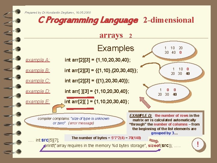 Prepared by Dr. Konstantin Degtiarev, 16. 05. 2000 C Programming Language 2 -dimensional arrays