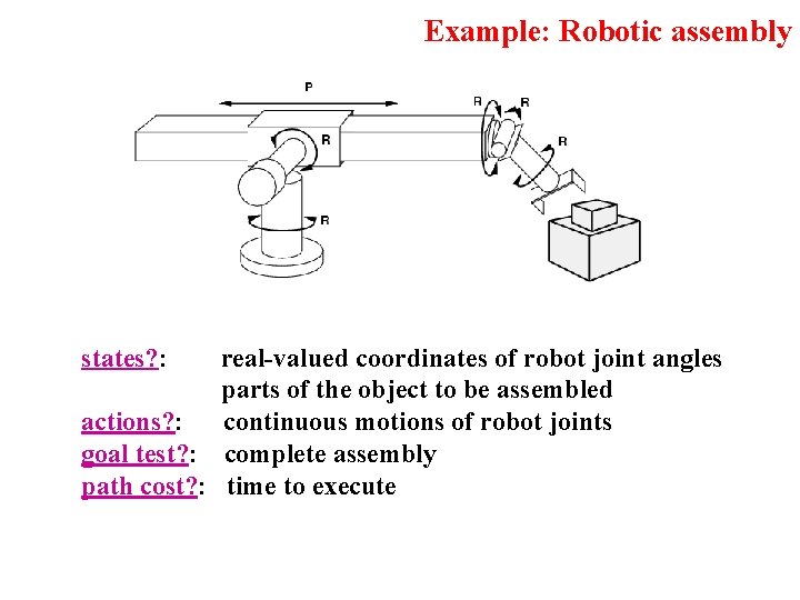 Example: Robotic assembly states? : real-valued coordinates of robot joint angles parts of the