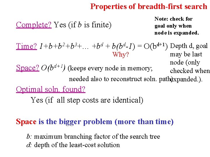 Properties of breadth-first search Note: check for goal only when node is expanded. Complete?