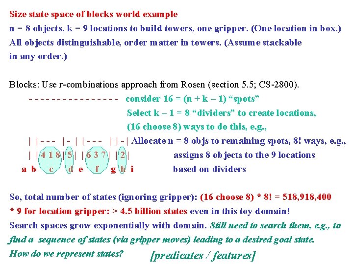 Size state space of blocks world example n = 8 objects, k = 9