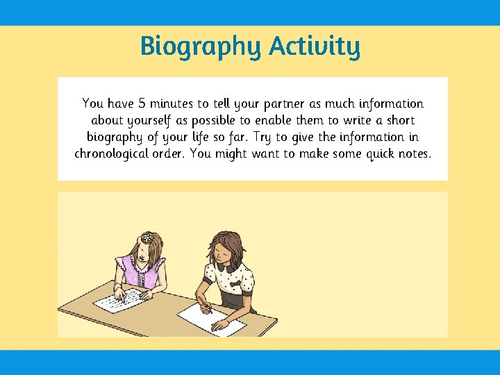 Biography Activity You have 5 minutes to tell your partner as much information about