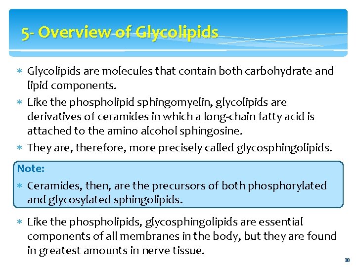 5 - Overview of Glycolipids are molecules that contain both carbohydrate and lipid components.
