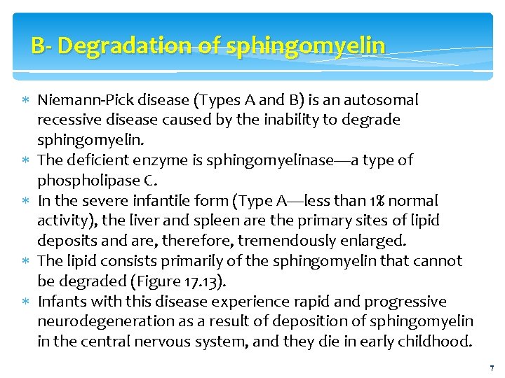 B- Degradation of sphingomyelin Niemann-Pick disease (Types A and B) is an autosomal recessive