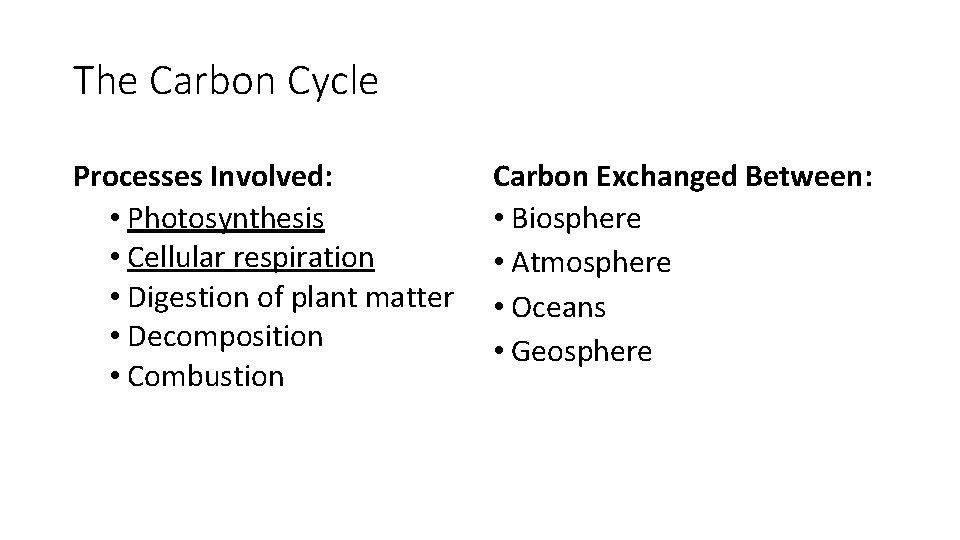 The Carbon Cycle Processes Involved: • Photosynthesis • Cellular respiration • Digestion of plant