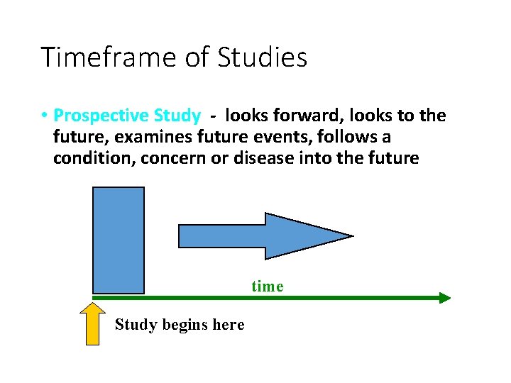 Timeframe of Studies • Prospective Study - looks forward, looks to the future, examines