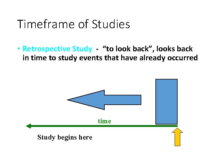 Timeframe of Studies • Retrospective Study - “to look back”, looks back in time