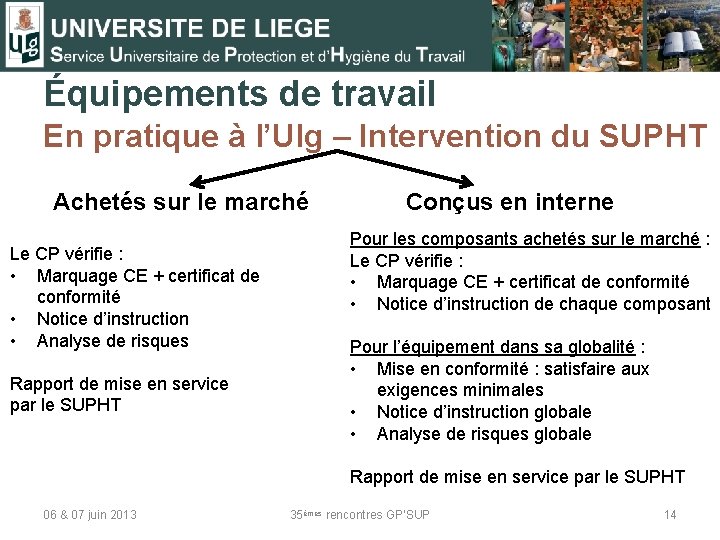 Équipements de travail En pratique à l’Ulg – Intervention du SUPHT Achetés sur le