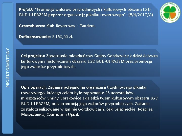 Projekt: "Promocja walorów przyrodniczych i kulturowych obszaru LGD BUD-UJ RAZEM poprzez organizację pikniku rowego’’.