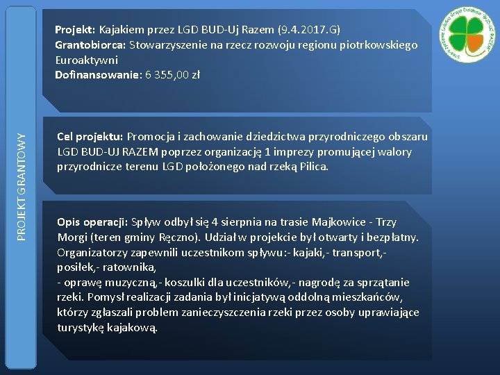 PROJEKT GRANTOWY Projekt: Kajakiem przez LGD BUD-Uj Razem (9. 4. 2017. G) Grantobiorca: Stowarzyszenie