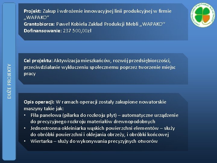 DUŻE PROJEKTY Projekt: Zakup i wdrożenie innowacyjnej linii produkcyjnej w firmie , , WAPAKO’’