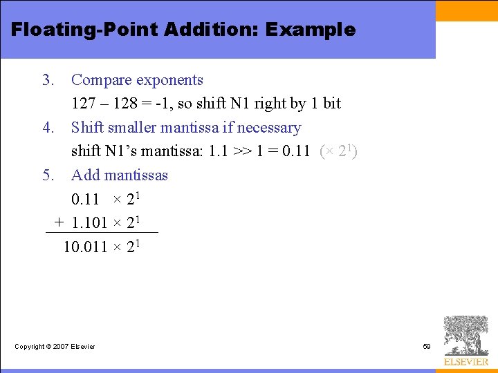 Floating-Point Addition: Example 3. Compare exponents 127 – 128 = -1, so shift N