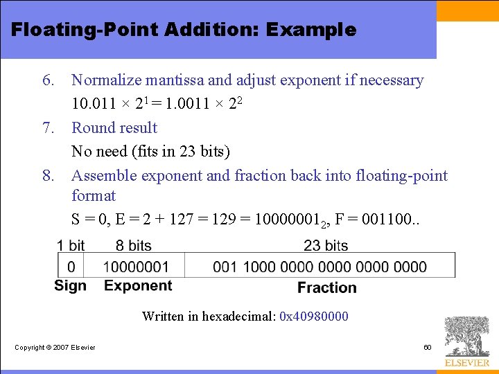 Floating-Point Addition: Example 6. 7. 8. Normalize mantissa and adjust exponent if necessary 10.