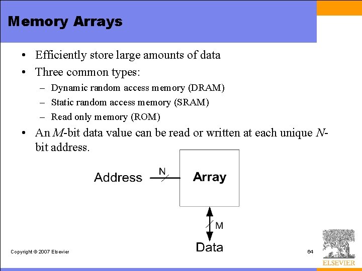 Memory Arrays • Efficiently store large amounts of data • Three common types: –