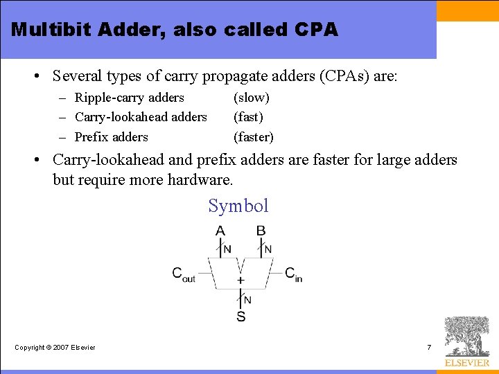 Multibit Adder, also called CPA • Several types of carry propagate adders (CPAs) are: