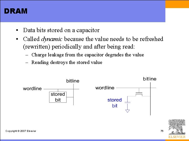 DRAM • Data bits stored on a capacitor • Called dynamic because the value