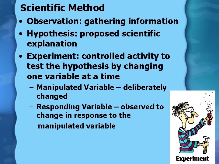 Scientific Method • Observation: gathering information • Hypothesis: proposed scientific explanation • Experiment: controlled