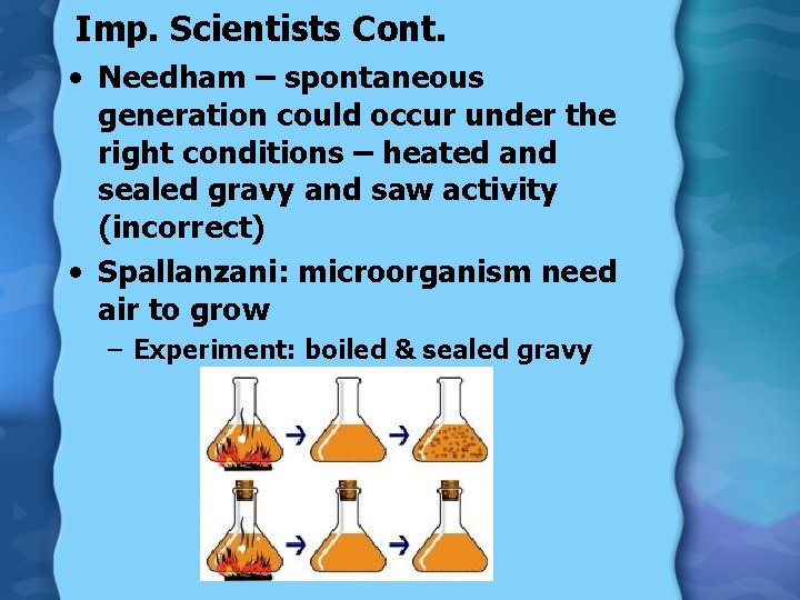 Imp. Scientists Cont. • Needham – spontaneous generation could occur under the right conditions