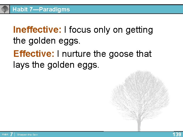 Habit 7—Paradigms Ineffective: I focus only on getting the golden eggs. Effective: I nurture