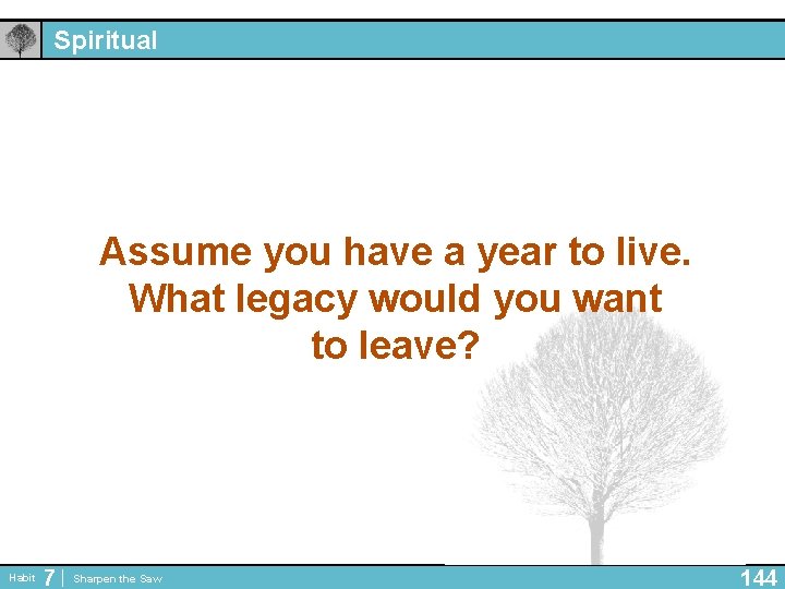 Spiritual Assume you have a year to live. What legacy would you want to