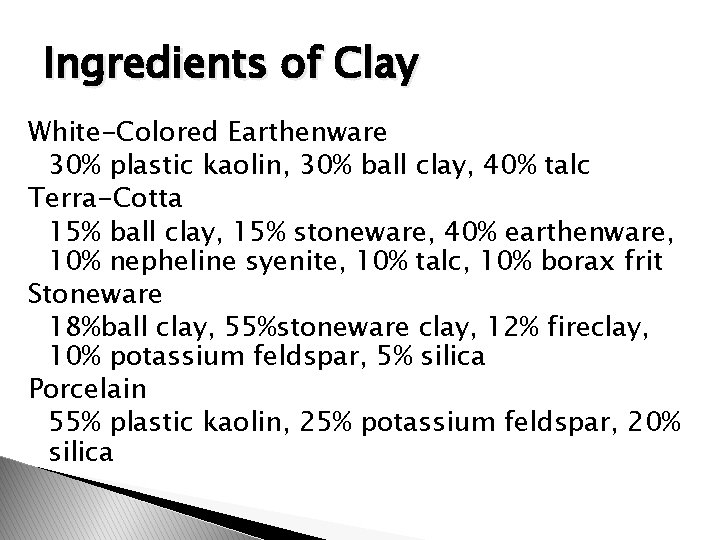 Ingredients of Clay White-Colored Earthenware 30% plastic kaolin, 30% ball clay, 40% talc Terra-Cotta