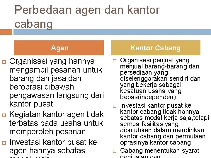 Perbedaan agen dan kantor cabang Agen Organisasi yang hannya mengambil pesanan untuk barang dan