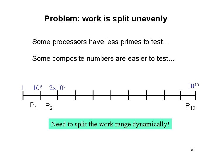 Problem: work is split unevenly Some processors have less primes to test… Some composite