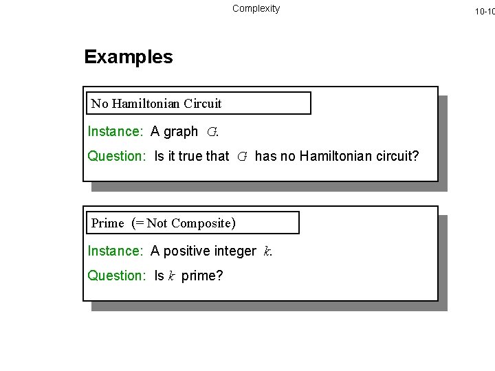 Complexity Examples No Hamiltonian Circuit Instance: A graph G. Question: Is it true that