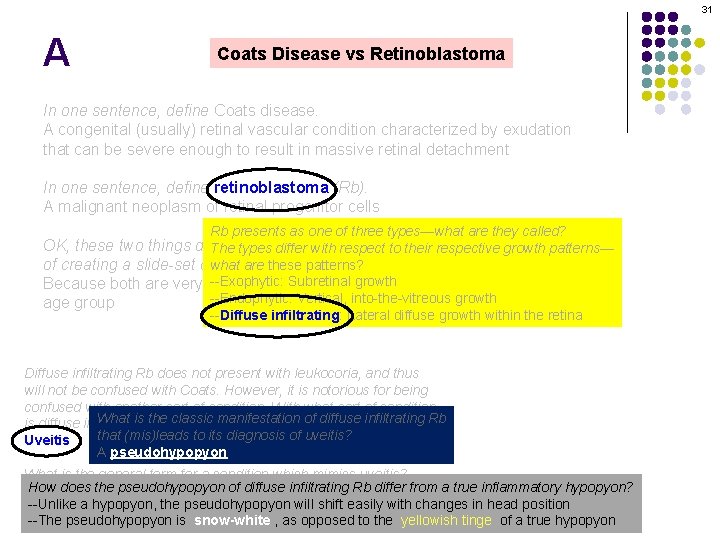 31 A Coats Disease vs Retinoblastoma In one sentence, define Coats disease. A congenital