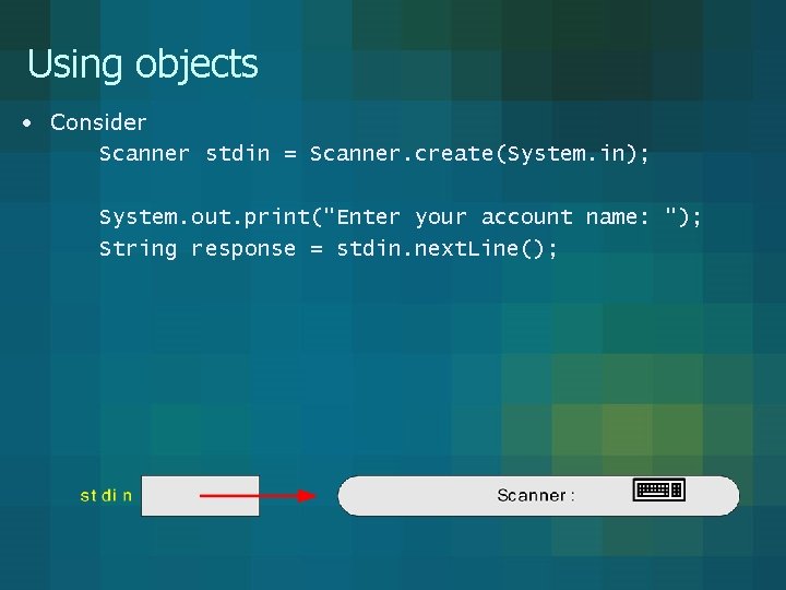 Using objects • Consider Scanner stdin = Scanner. create(System. in); System. out. print("Enter your