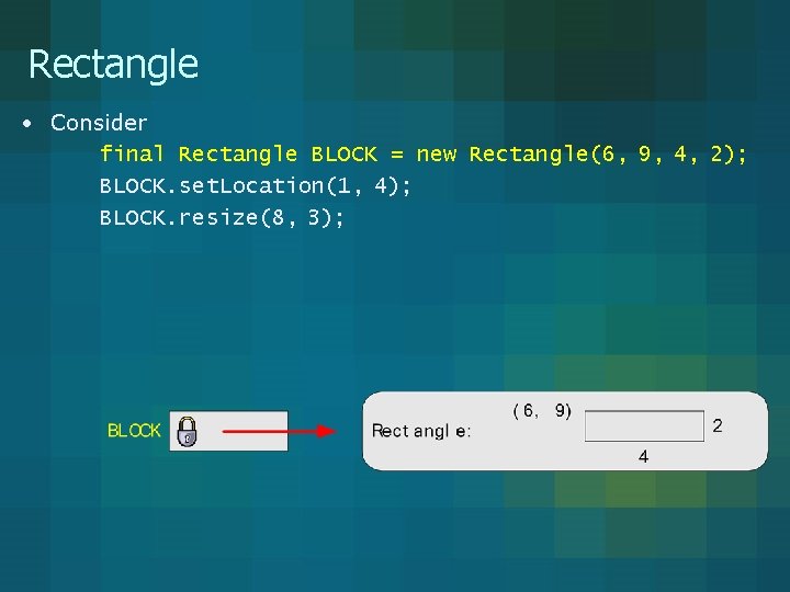 Rectangle • Consider final Rectangle BLOCK = new Rectangle(6, 9, 4, 2); BLOCK. set.