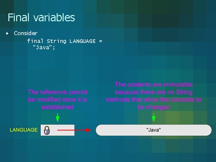 Final variables • Consider final String LANGUAGE = "Java"; 