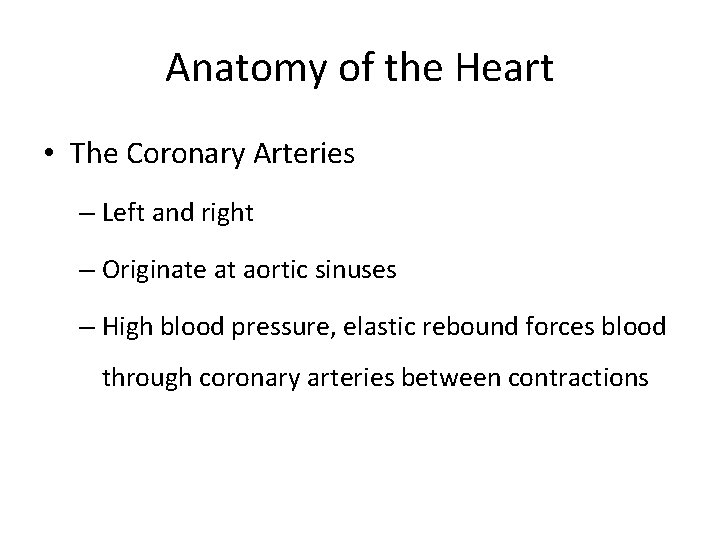 Anatomy of the Heart • The Coronary Arteries – Left and right – Originate