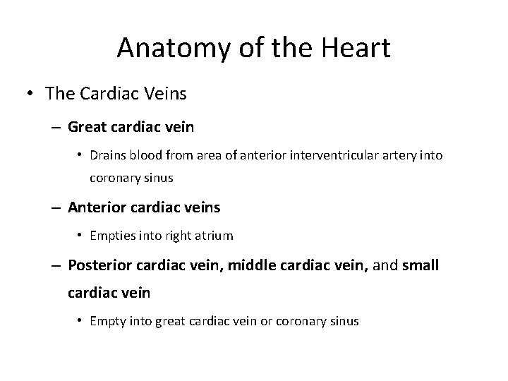 Anatomy of the Heart • The Cardiac Veins – Great cardiac vein • Drains