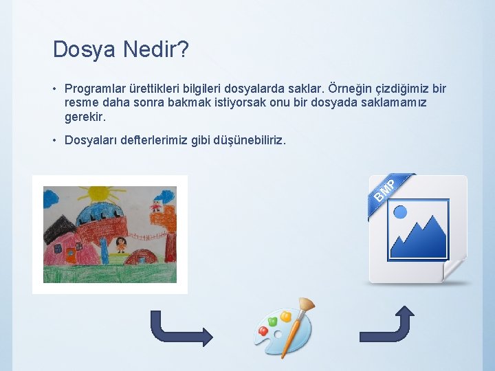 Dosya Nedir? • Programlar ürettikleri bilgileri dosyalarda saklar. Örneğin çizdiğimiz bir resme daha sonra