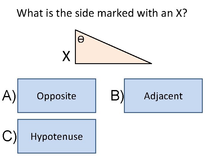 What is the side marked with an X? ϴ X A) Opposite C) Hypotenuse
