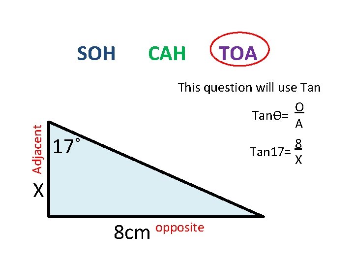 Adjacent SOH CAH TOA This question will use Tan O Tanϴ= A 8 Tan