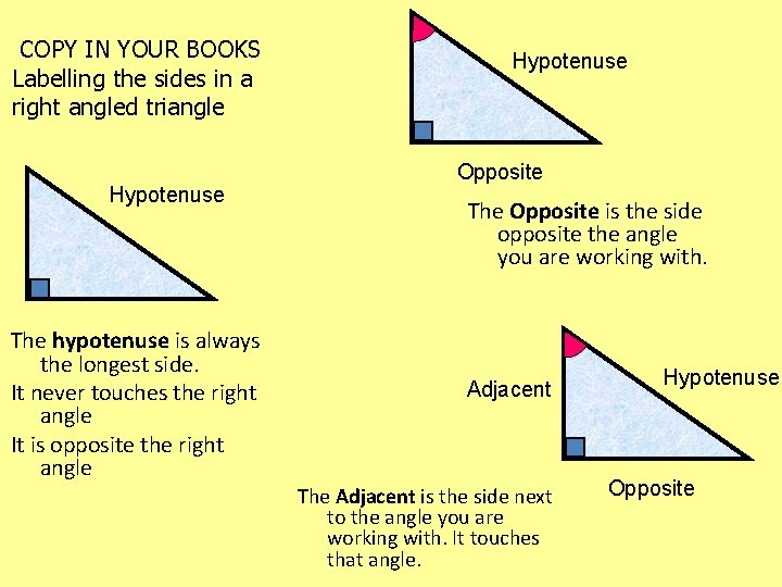 COPY IN YOUR BOOKS Labelling the sides in a right angled triangle Hypotenuse The