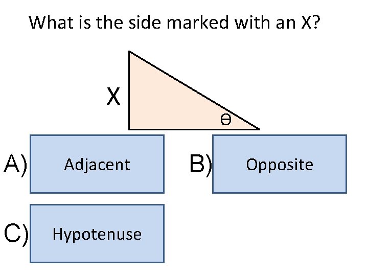What is the side marked with an X? X A) Adjacent C) Hypotenuse ϴ