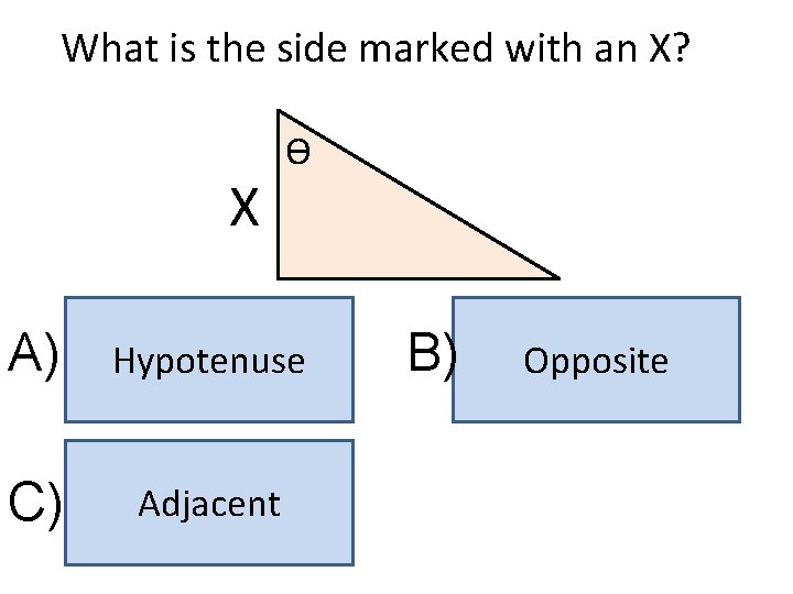 What is the side marked with an X? X ϴ A) Hypotenuse C) Adjacent