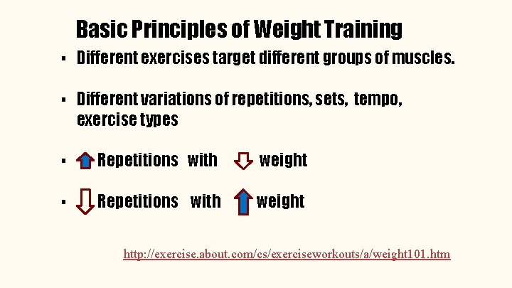 Basic Principles of Weight Training ▪ Different exercises target different groups of muscles. ▪
