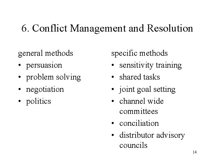 6. Conflict Management and Resolution general methods • persuasion • problem solving • negotiation