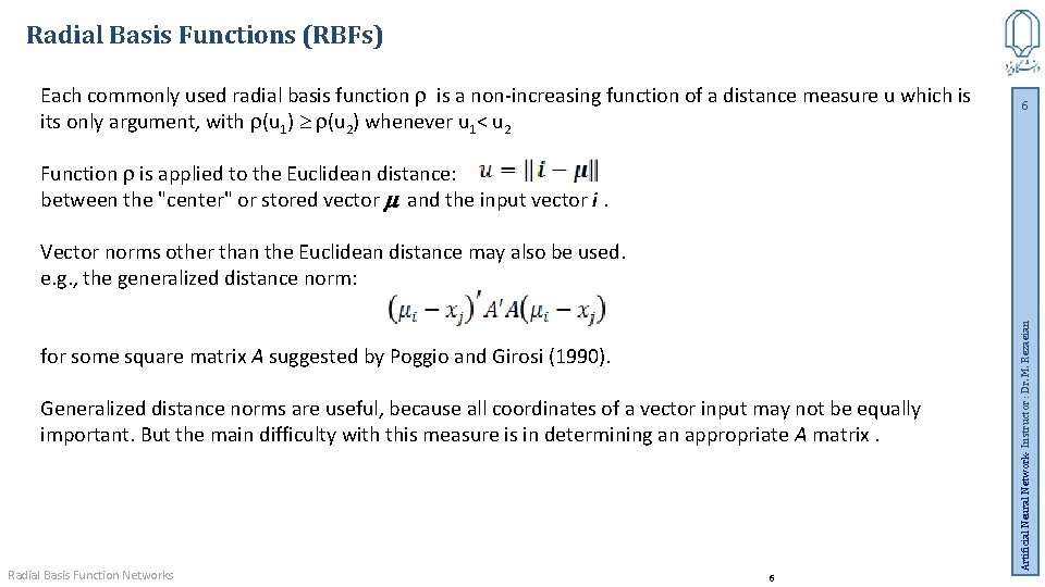 Radial Basis Functions (RBFs) Each commonly used radial basis function is a non-increasing function