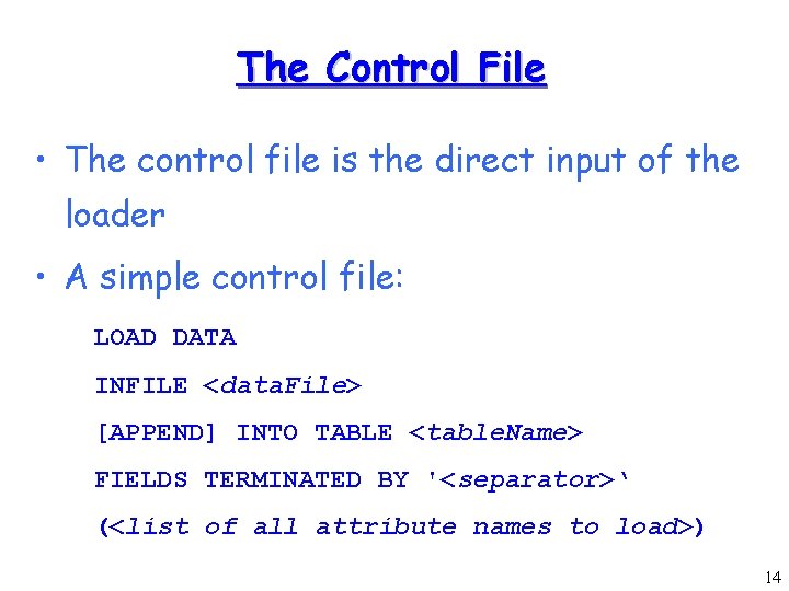 The Control File • The control file is the direct input of the loader