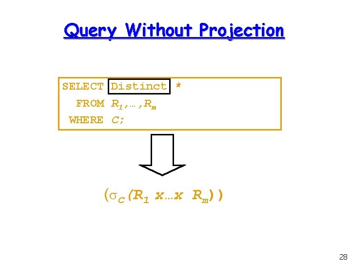Query Without Projection SELECT Distinct * FROM R 1, …, Rm WHERE C; (