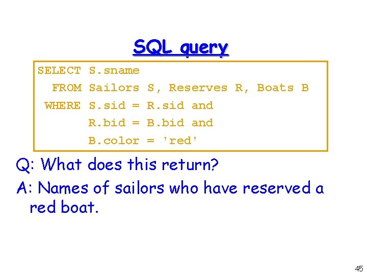 SQL query SELECT S. sname FROM Sailors S, Reserves R, Boats B WHERE S.