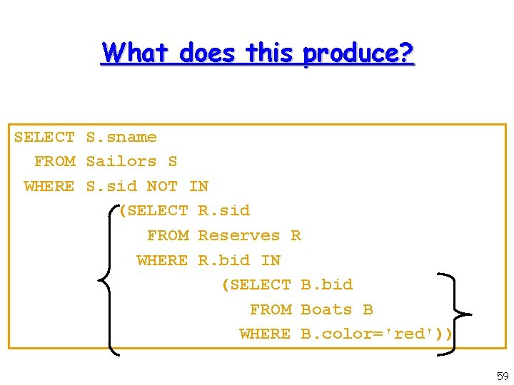 What does this produce? SELECT S. sname FROM Sailors S WHERE S. sid NOT