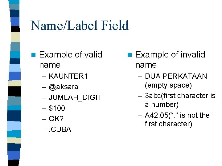 Name/Label Field n Example of valid name – – – KAUNTER 1 @aksara JUMLAH_DIGIT Name/Label Field n Example of valid name – – – KAUNTER 1 @aksara JUMLAH_DIGIT
