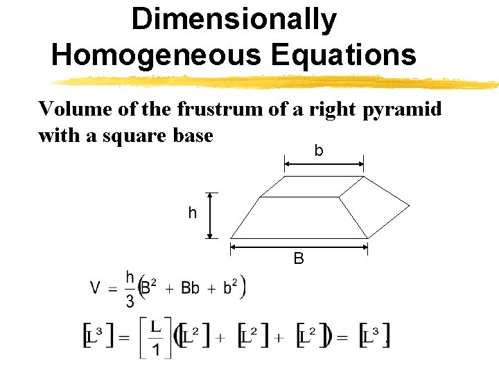 Dimensionally Homogeneous Equations Volume of the frustrum of a right pyramid with a square